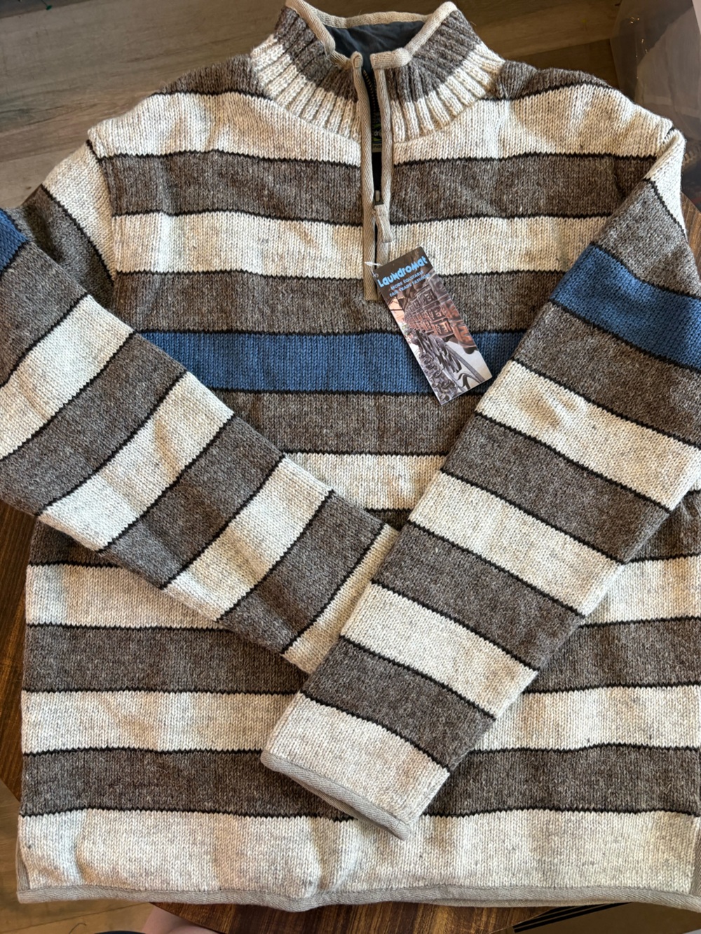 Men's Striped Half-Zip Sweater in Brown, Cream & Blue